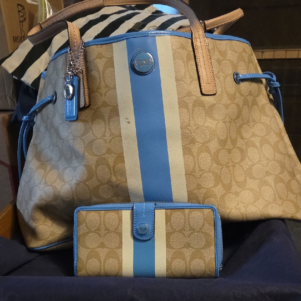 Coach Khaki Canvas Tote & Wallet with Sky Blue and Cream Stripes